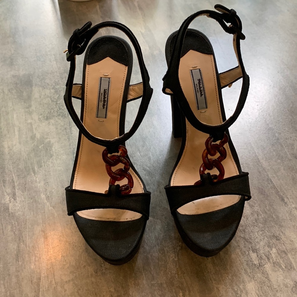 Prada linen and cork platform block heel size 8